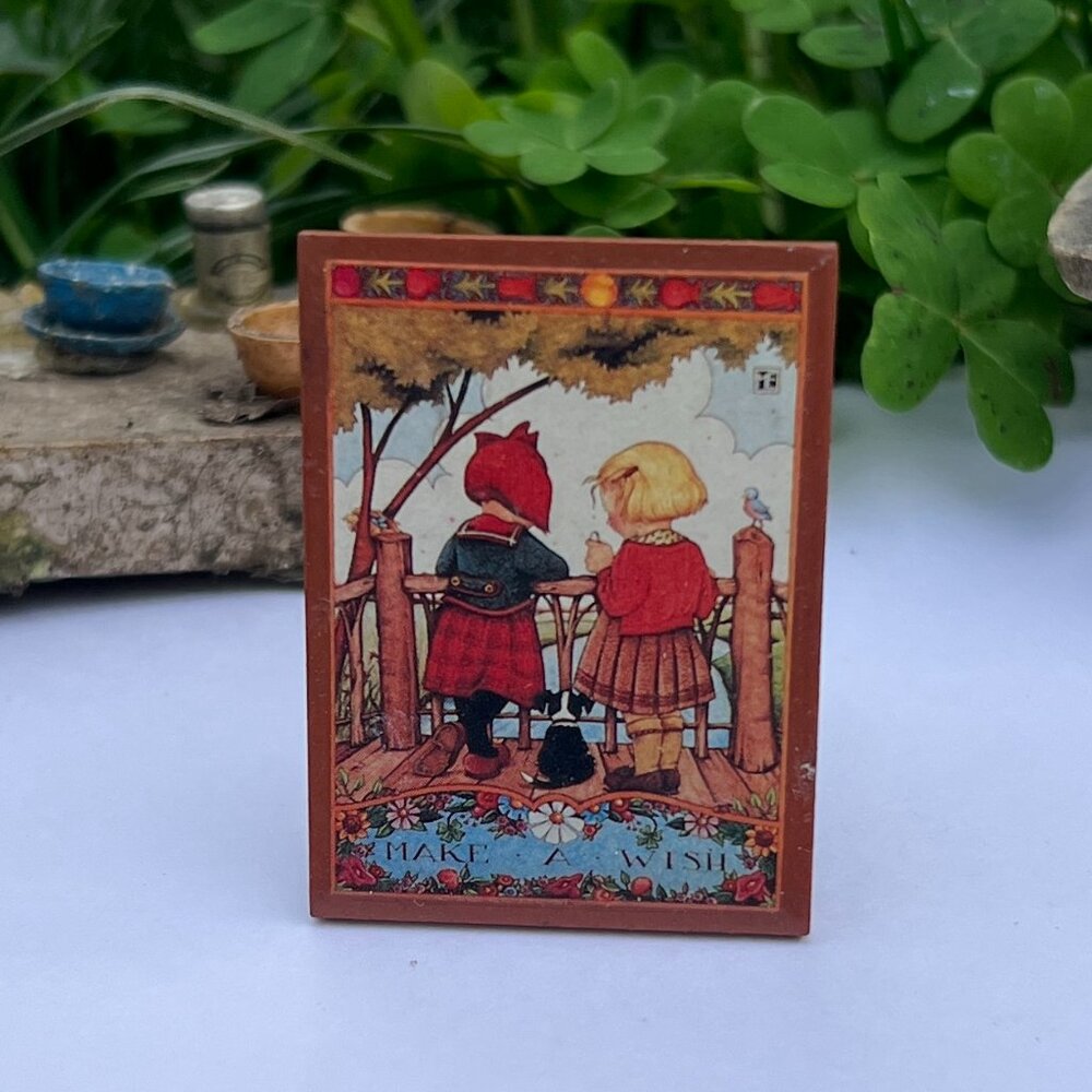 Vintage Mary Engelbreit "Make a Wish" Two Friends Wooden Brooch Pin (SIGNED)